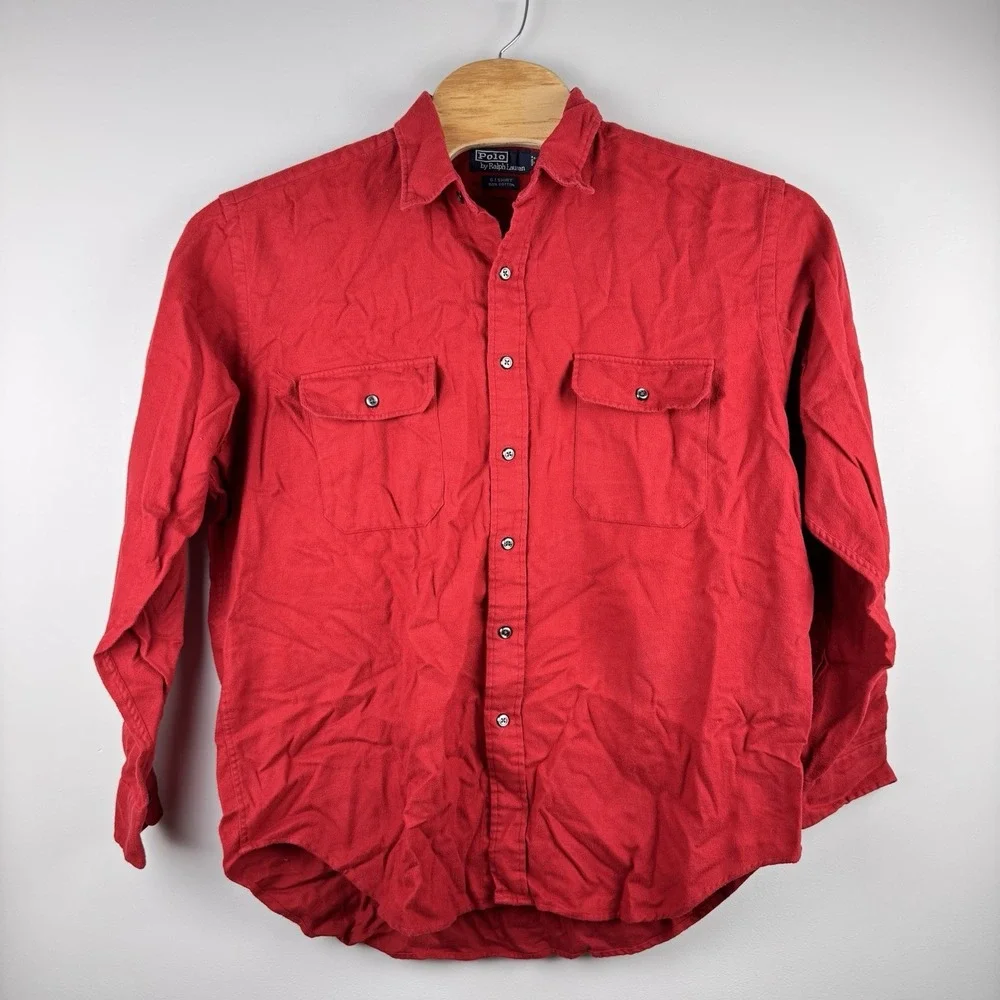 Polo Ralph Lauren Men XL Red Solid Long Sleeve Button Up G.I. Shirt Work Pockets